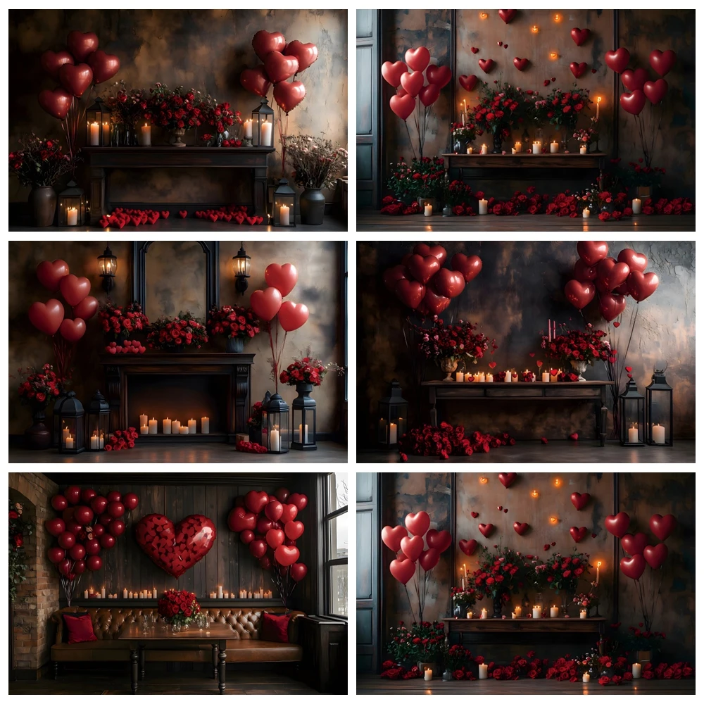 Valentine's Day Backdrop Retro European Castle Fireplace Red Love Heart Balloon Flower Wedding Party Photography Background Deco