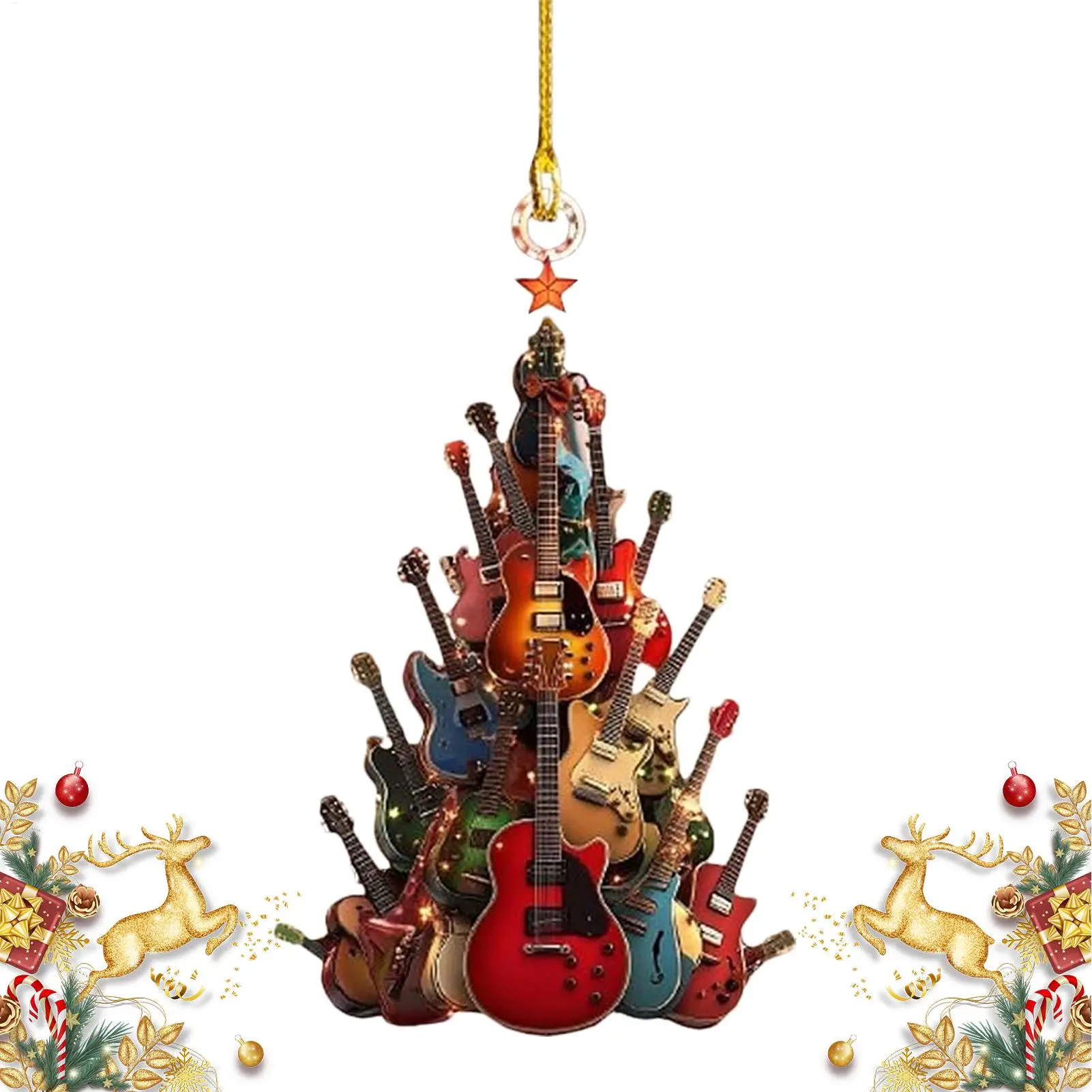 Rock autour de la guitare ornement d'arbre de noël 2D plat acrylique empilable guitare Rock guitare électrique ornement bois Musical