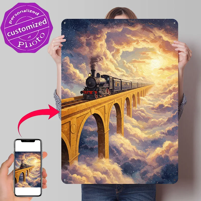 Train Journey Through the Clouds Personalized 3D Textured Metal Poster Wall Art Tinplate Sign for Room Decorating Interior Decor