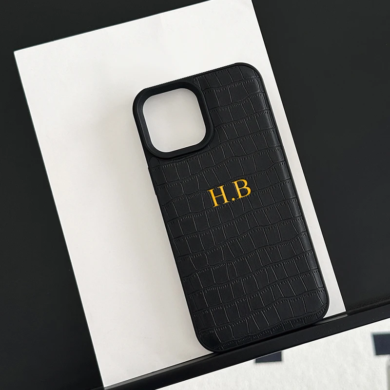 Luxury Crocodile Leather Personalized Case For iPhone 16 15 14 13 12 11 Pro Max Customized Initials Name Letters Cover 15 16 Pro