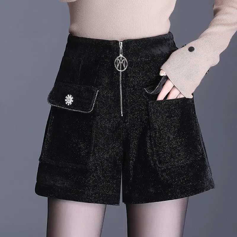 

2023 Women Clothing Casual Vintage High Waist Straight Wide Leg Pants Zipper Autumn Winter Thin Solid Color Simplicity Shorts