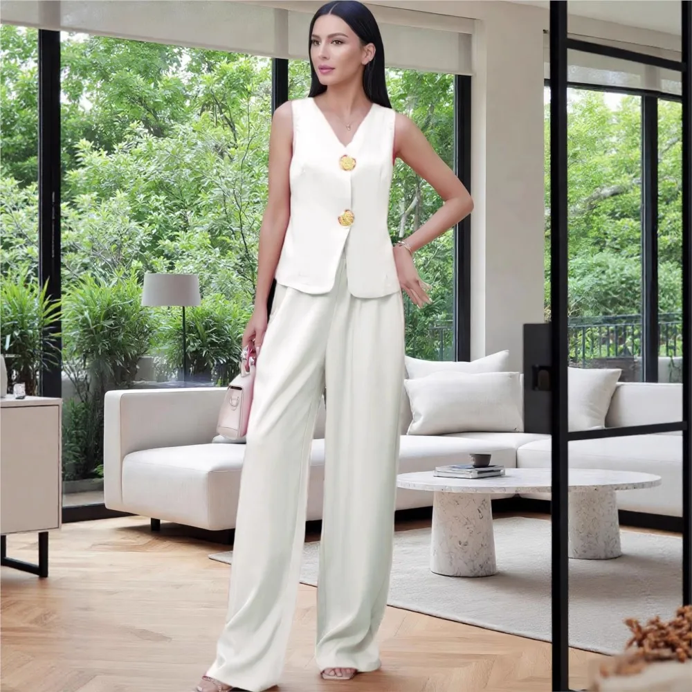 Moda grande botão com decote em v colete calças femininas 2 peça conjunto verão fino elegante feminino escritório calças de pernas largas terno 2025
