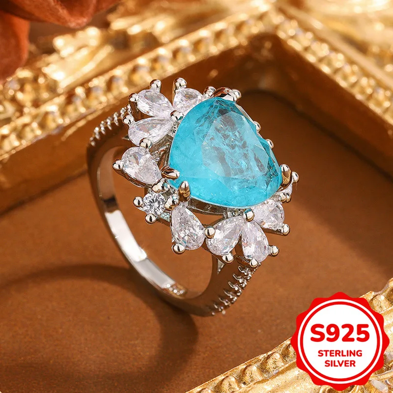

Creative Genuine S925 Sterling Silver Paraiba Love Shape Geometric Ring Women's Valentine's Day Gift Jewelry