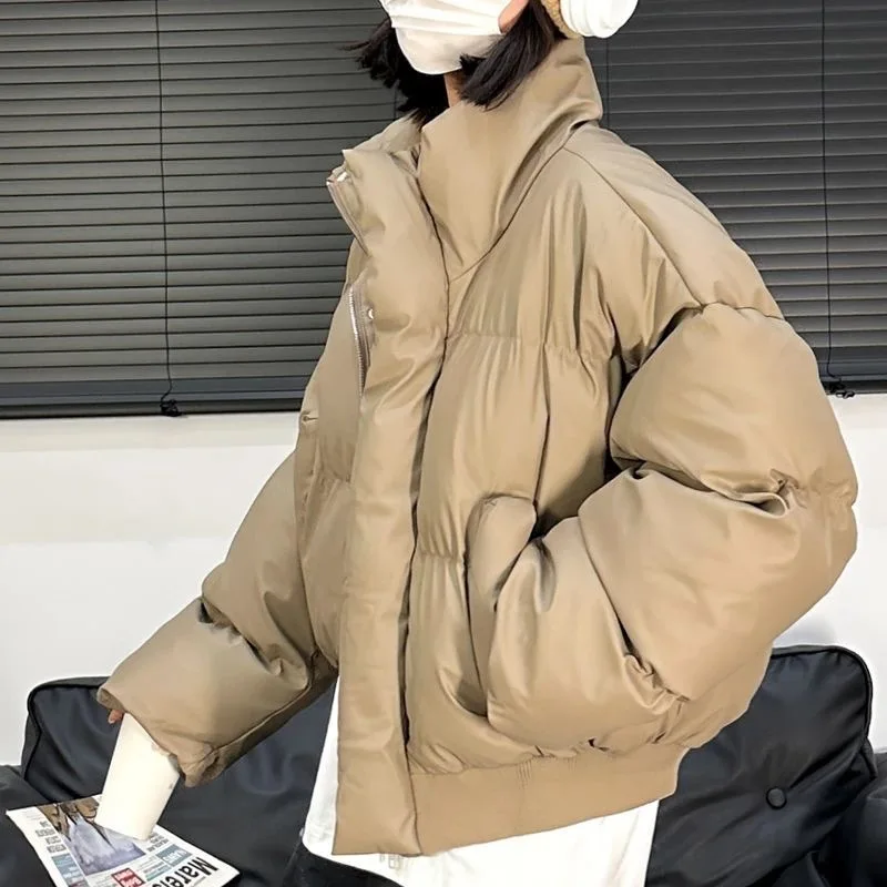 معطف أمريكي عالي الشارع عالي الجودة فضفاض ودافئ، شتوي سميك بياقة واقفة، سترة قصيرة وسيم، ملابس نسائية
