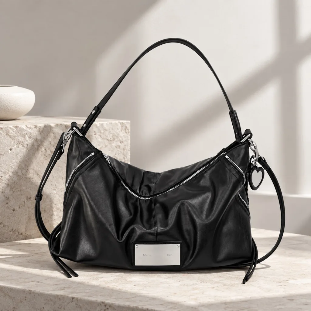 MATIN KIM Women Black Shoulder Bag Side Zipper Hobo Handbag Adjustable Strap Crossbody Purse Casual Streetwear Travel Bag Trendy