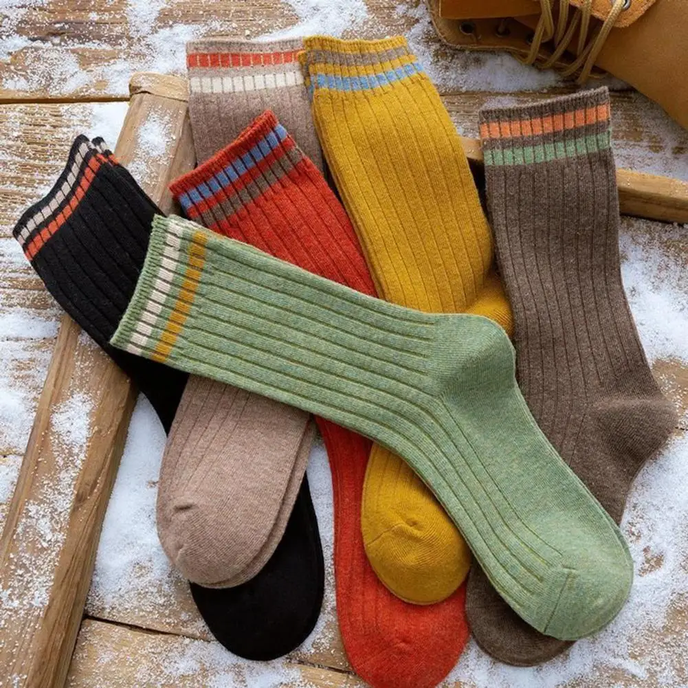 Chaussettes mi-mollet à rayures élastiques anti-brûlure pour femmes, absorption de la sueur, chaussettes chaudes, optique à tube moyen, sans odeur, dame, automne, hiver, 1 paire