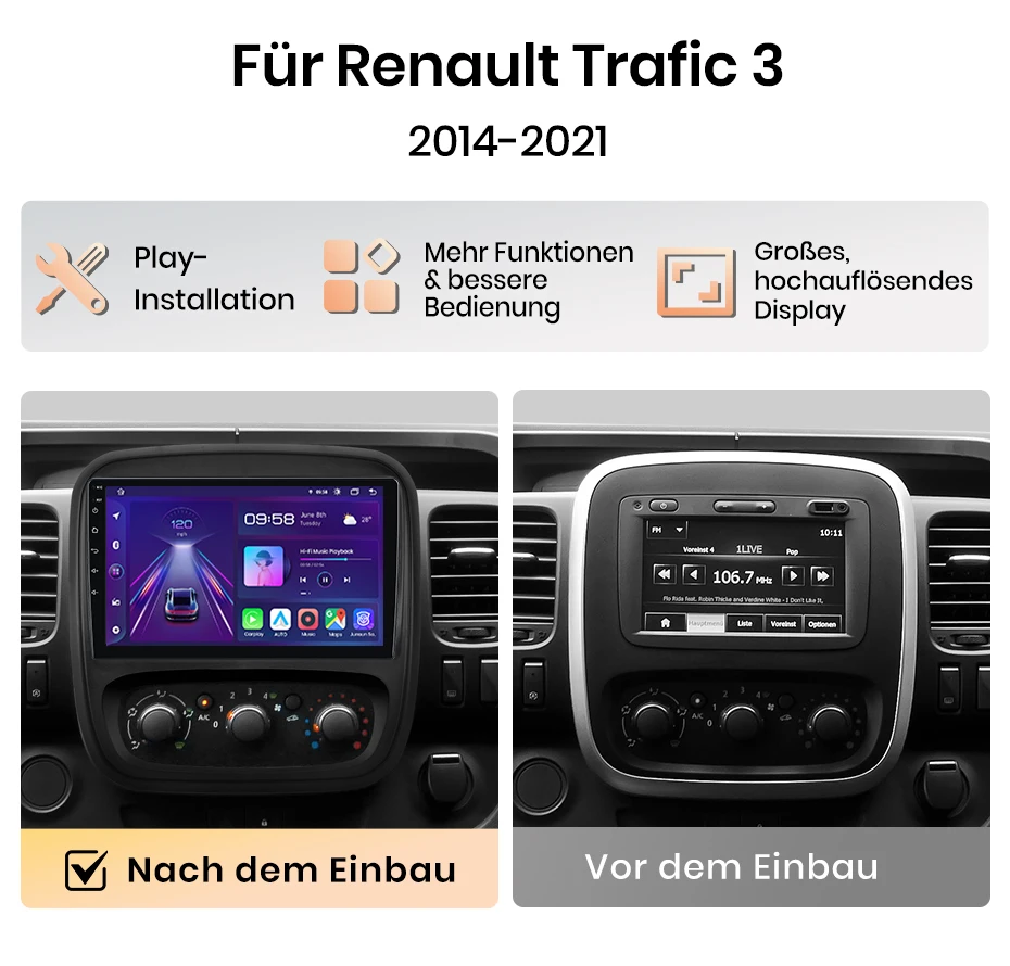 Junsun 9" Android 15 Autoradio für Renault Trafic 3 2014-2021 Vivaro B 2014-2018 für Apple CarPlay Auto IPS-Bildschirm Stereo Multimedia-Videoplayer Automotive Smart Intelligent Systems 2 Din Autoradio Head Unit GPS-Navigation BT 4G WIFI FM DSP RDS SWC DAB+ – Detail 6
