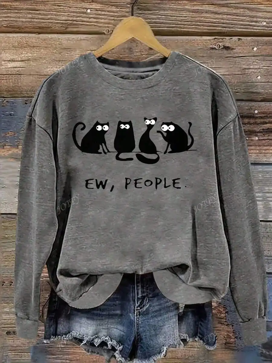 

Женская толстовка с круглым вырезом и забавным рисунком кота «Ew, People» — повседневный топ с длинными рукавами