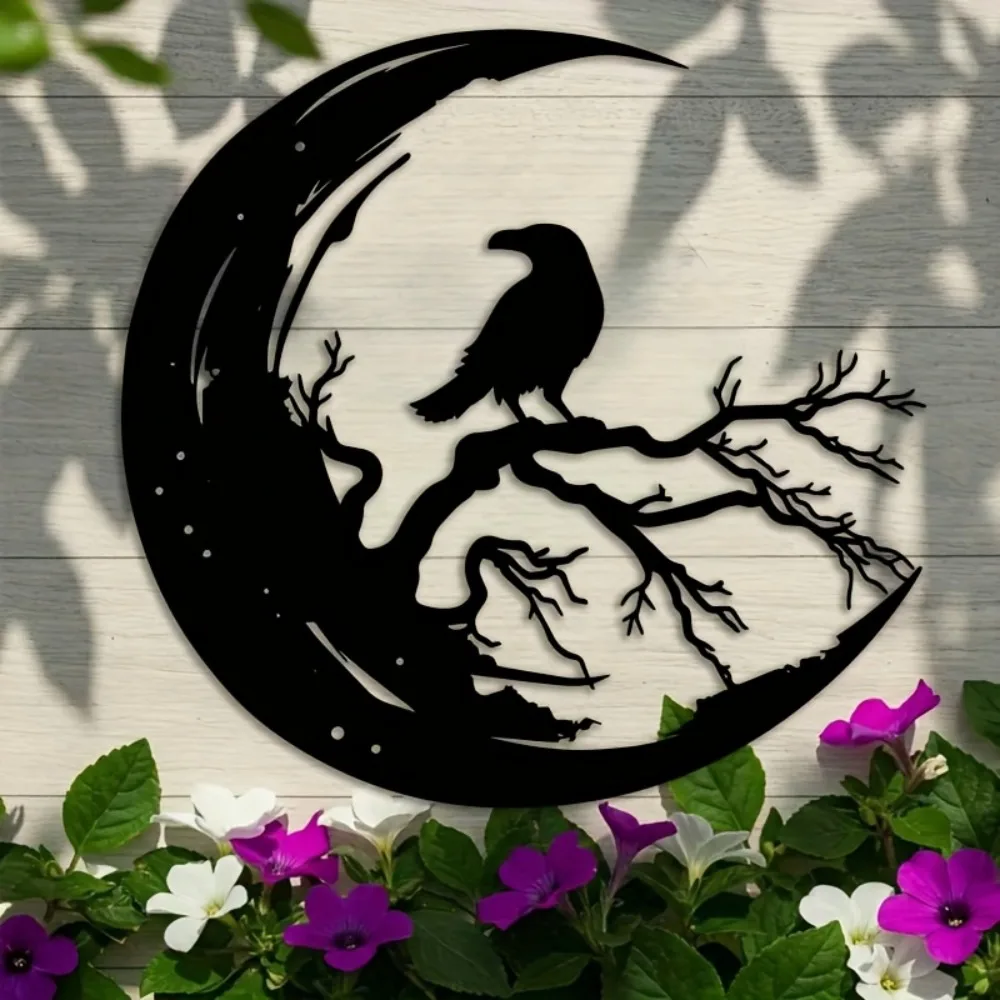 Halloween Gothic Raven Moon Metal Wall Hanging Laser-Cut Iron Sculpture Modern Decor For Home Office Patio
