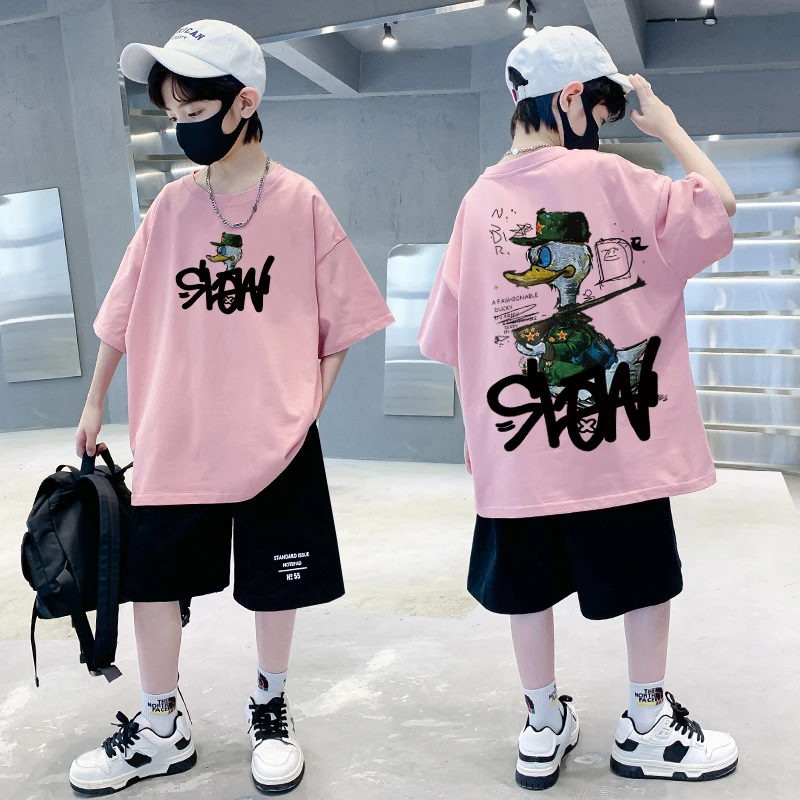 

Korean Children's Clothes 2025 Boys American Cartoon Duck Print Graphic T-shirt 100%Cotton Short Sleeve T-shirt Top Girl Clothes
