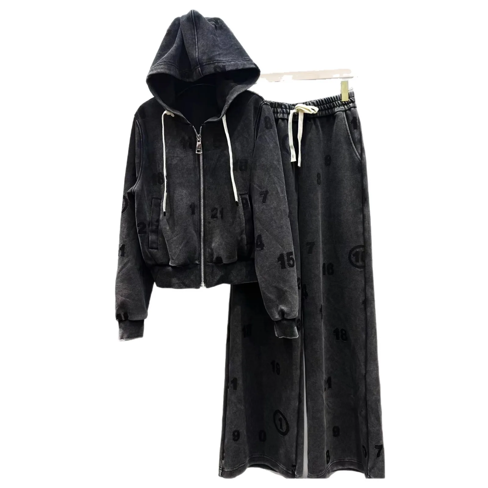 

Casual Pants Set for Women 2026 Spring New Personalized Embossed Numbers Composite Cotton Loose Wide-leg Pants Two-piece Set