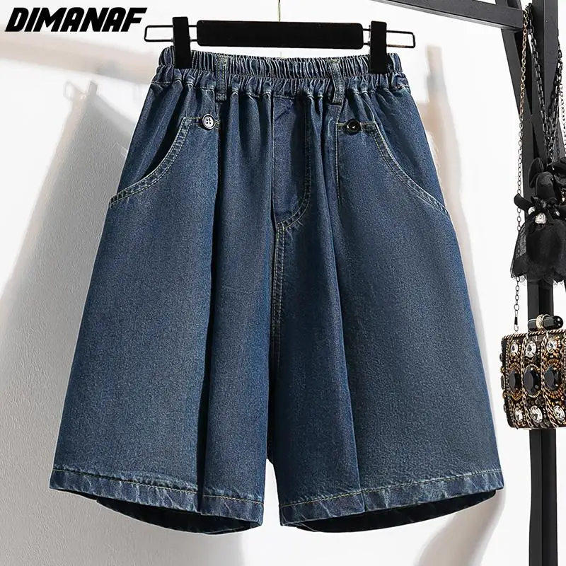 Dimanaf-Shorts jeans femininos grandes, cintura alta, cintura elástica, calça solta, jeans azul básico, plus size, verão, 2024