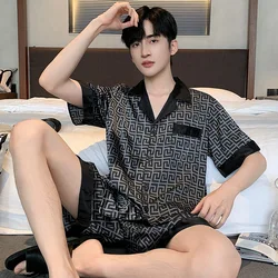 Fashion Ice Silk Pajamas Suit Men Summer Satin Short-sleeved Shorts Loungewear Outside Male High Quality Sleepwear Set Spring