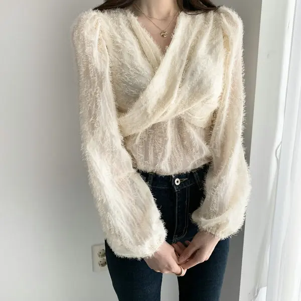 

Solowen Autumn irt V-Notch Long Sve Crossed Frayed Quali Women's Faionable Premium Cotton Blend Summer 202