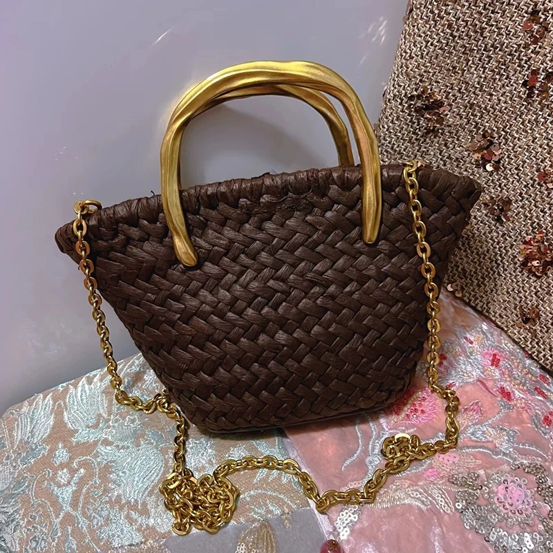 Straw Beach Bags For Women Luxury Designer Handbags And Purses 2026 New In Papyrus Weaving Metal Top Handle Chain Strap Shoulder