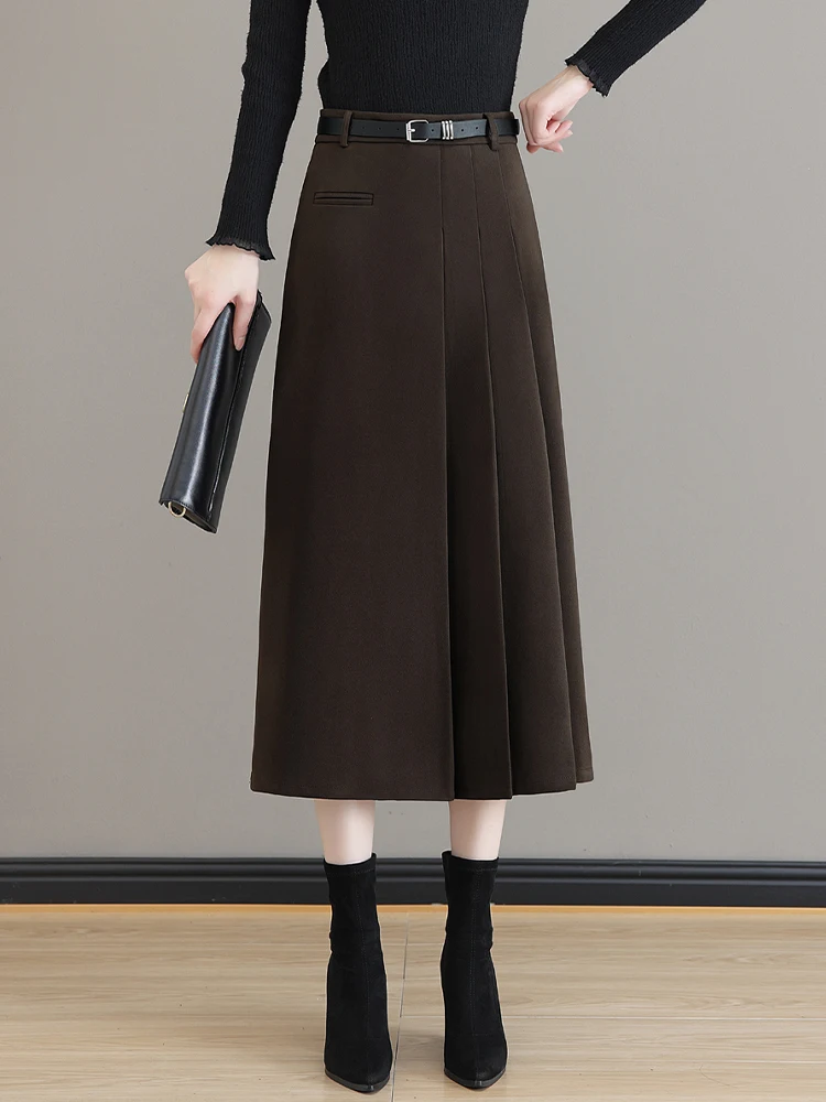 

Caramel Woolen A-Line Skirt Women's Autumn Winter High Waist Midi Pleated Slimming Skirt Commute Korean Style plus Size