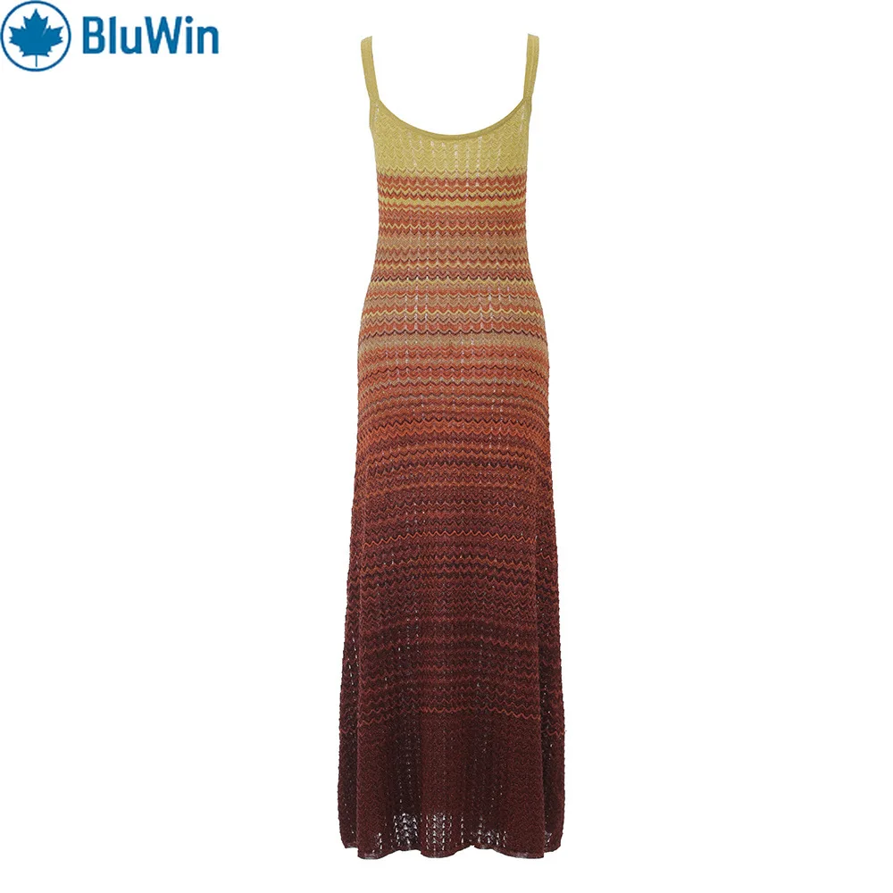 

BluWin Ombre Crochet Knit Maxi Dress Sleeveless Beach Cover-Up Stretchy Boho Vacation Outfit