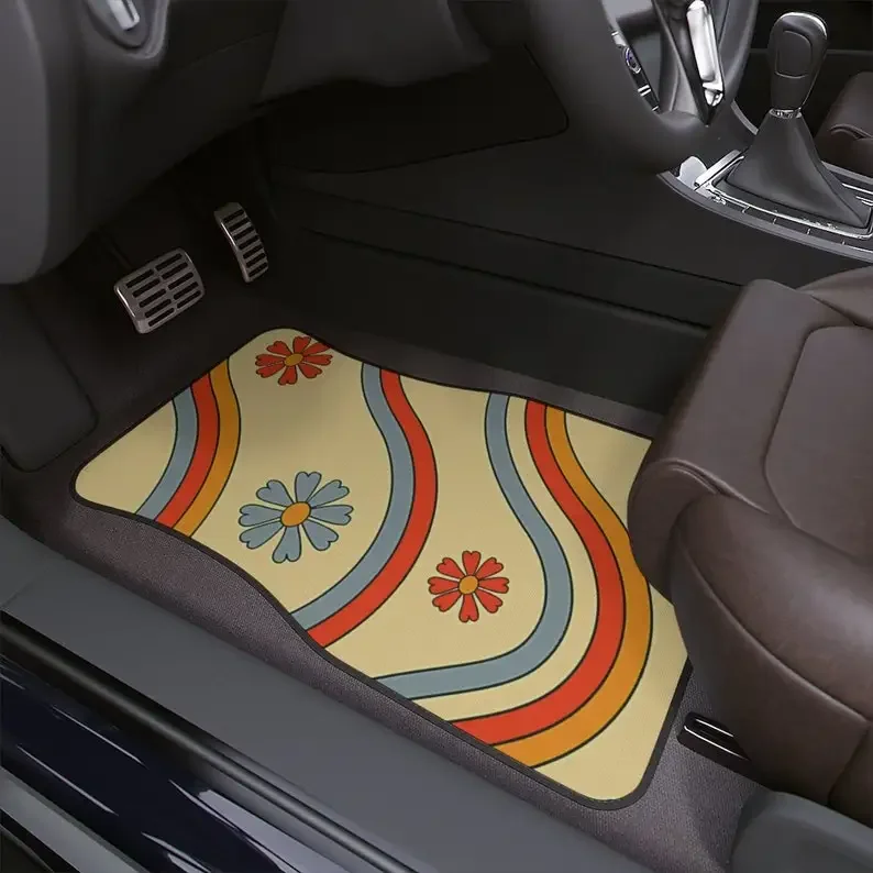 Psychedelic Hippie Flower Vintage Inspired Car Accessory Floor Mats Retro Mod Car Decor Vehicle Hippie Van Truck Car Gift Floor