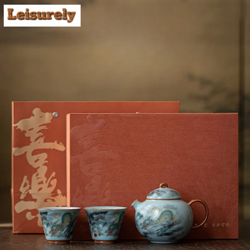

Azure Ru Kiln Propitious Dragon Tea Set Complete Set Elegant Tea Ceremony Set Teapot And Tea Cup Set Tea Services Decoration