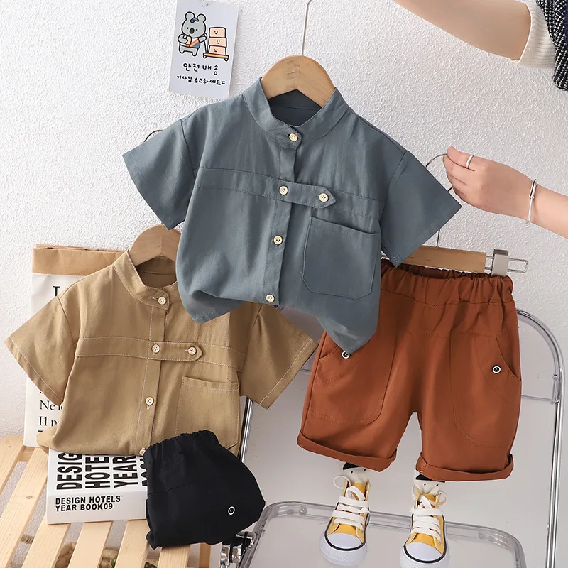 

2025 summer new design trendy children's wear suit solid color shirt short sleeve shorts two-piece set