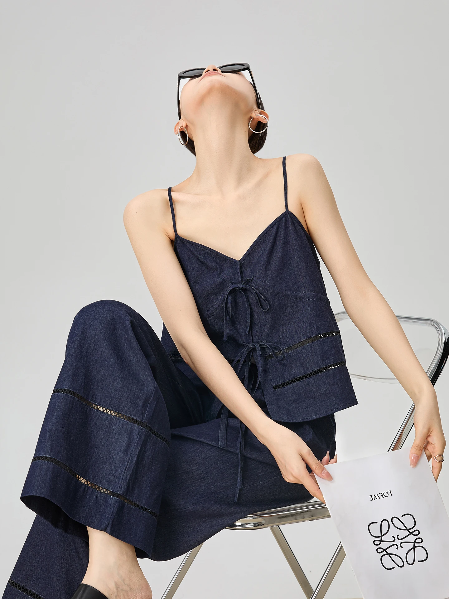 

Women's Casual Denim Hollow out Strap Wide Leg Pants Set Summer Faion Two-Piece Suit V-Ne Cotton Long Pants Ensemble