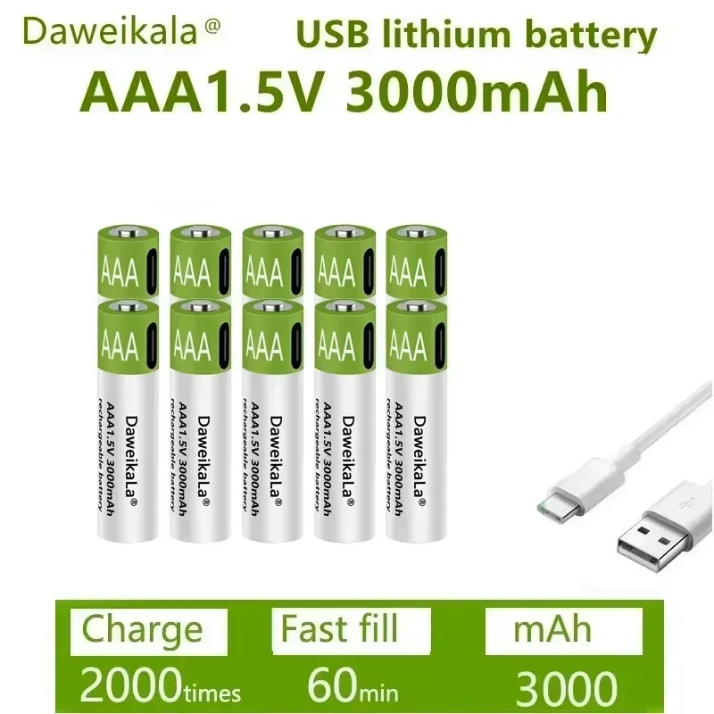 New 1.5V AAA Rechargeable Battery 3000mAh, Rechargeable AAA Lithium Polymer Battery with Quick Charging via Type-C USB Cable