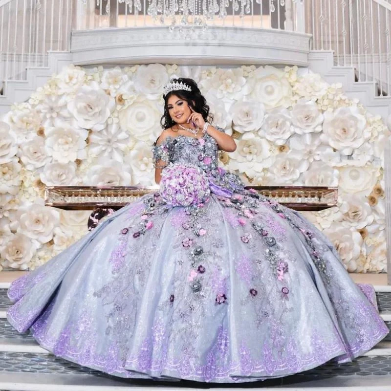 

Сиреневое фиолетовое бальное платье с открытыми плечами, платье для Quinceanera, платье для дня рождения с аппликацией, платья с бисером для выпускного вечера, платье для 15 лет