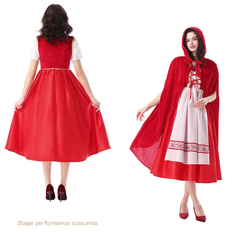 

Adult Women's Gothic Little Red Riding Hood Costume Carnival Party Halloween Cosplay Short Sleeve Fancy Dress and Cloak Cape