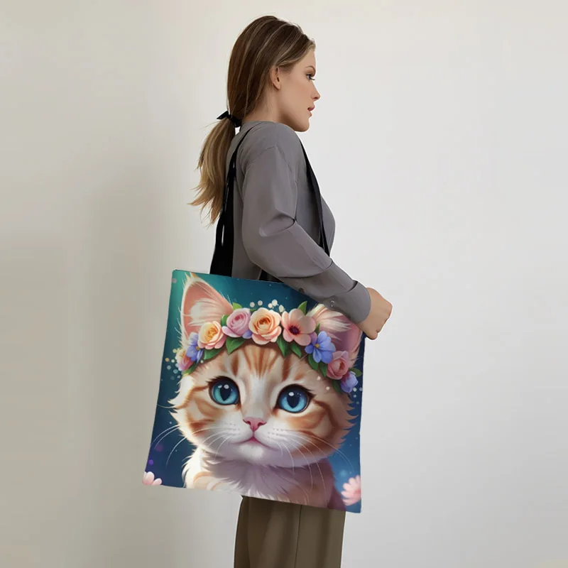 Cartoon Flower Cat Print Tote Bags Cute Kitten Cats Baby Women Handbag Shoulder Bag Large Capacity Storage Bags Grocery Bag Gift