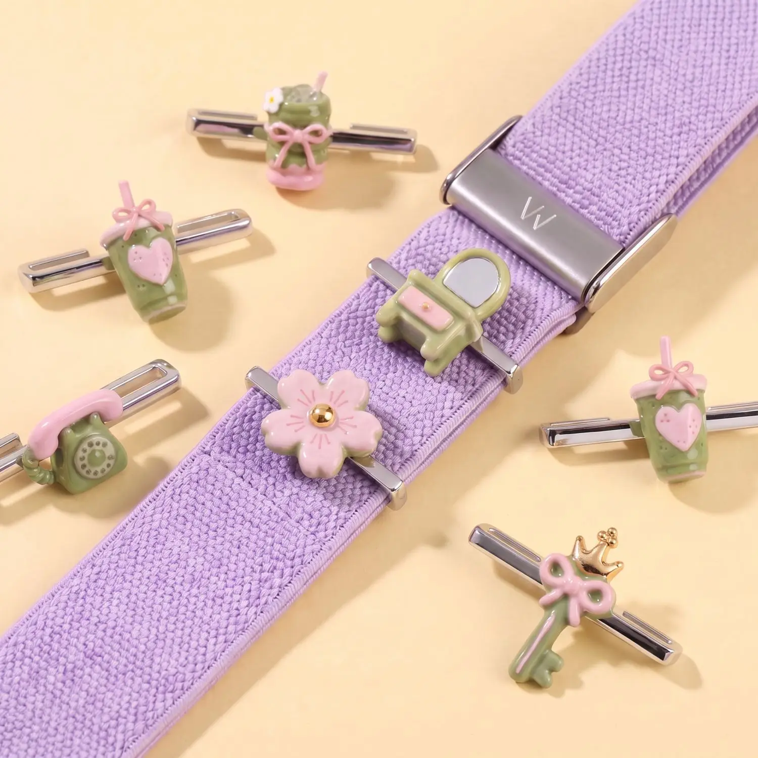 Pastel Green Matcha Milk Tea Key Flower Charm Titanium Steel Watch Band Clip Kawaii Girl DIY Pendant Fashion Accessory For Women