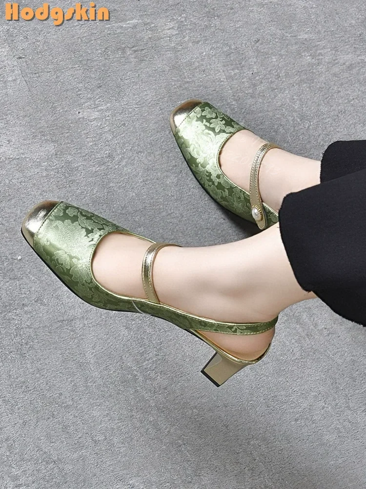 

Patchwork Square Toe Pumps Pearl Buckle Straps Chunky Heeled Elegant 2025 Women New Chinese Style Fashion Shoes Hook& loop