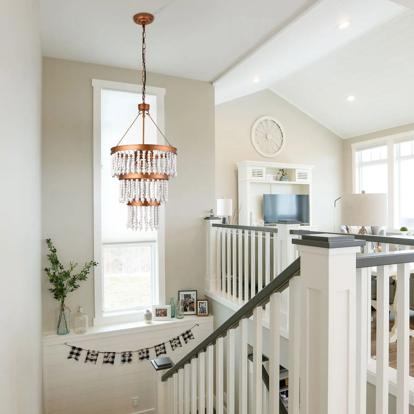 TS-HSLT-650 Lampada a sospensione con perline di legno in oro - Diametro 16 pollici * Altezza 29,5 pollici, lunghezza catena 59 pollici - Senza sorgente luminosa E12 * 5-