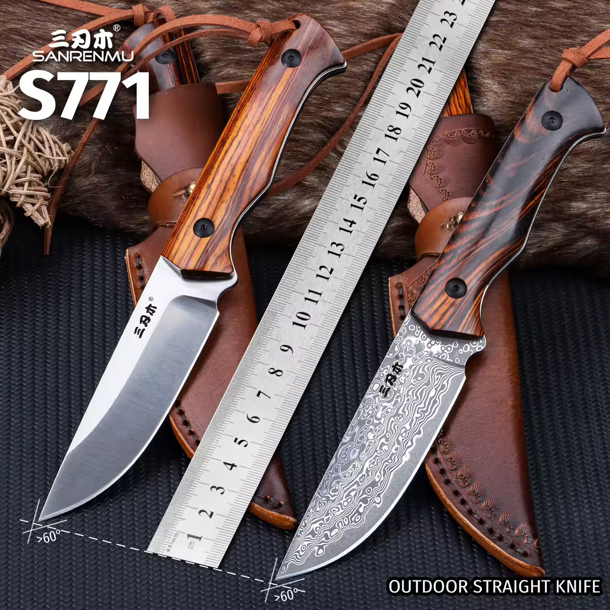SANRENMU NEW S771 Нож с прямой рукояткой, для кемпинга, охоты, спасательных работ, дамасский клинок VG10/14C28, ножны