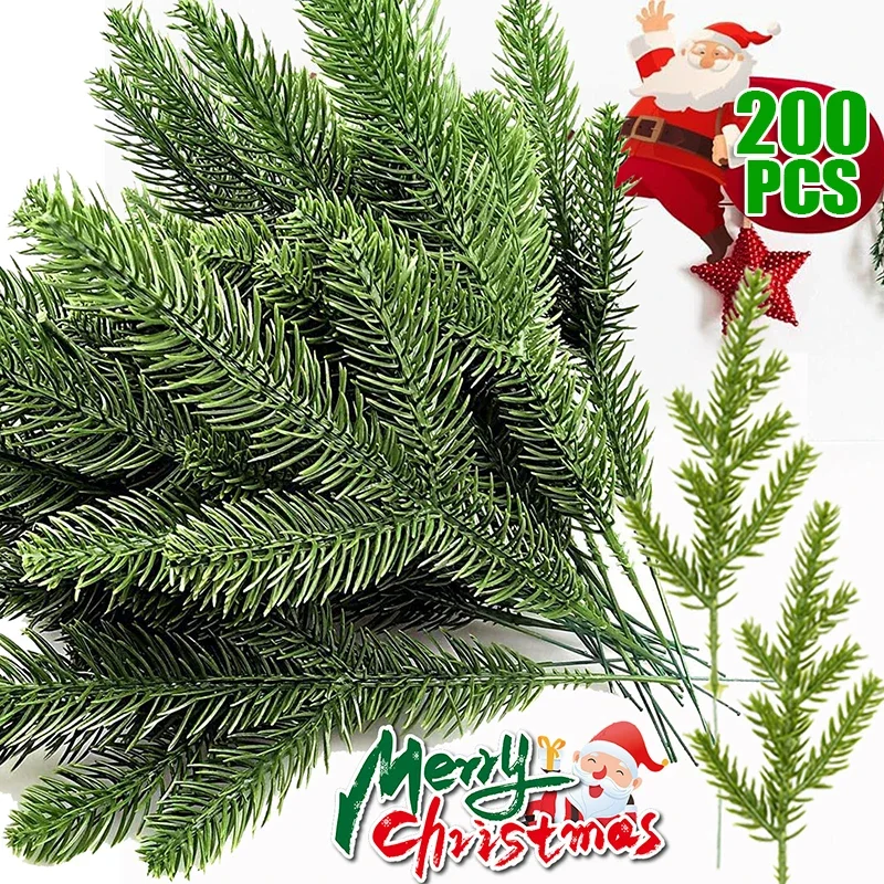 1-200pcs Artificial Pine Branches Christmas Pine Needles Leaves Stems Garland Decor Fake Plants Party Wreath DIY New Year Gifts