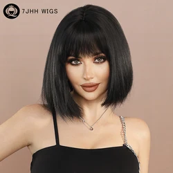 7jhh perucas-bob peruca preta com franja para as mulheres, cabelo sintético curto e reto, alta densidade, solto e natural, para festa diária