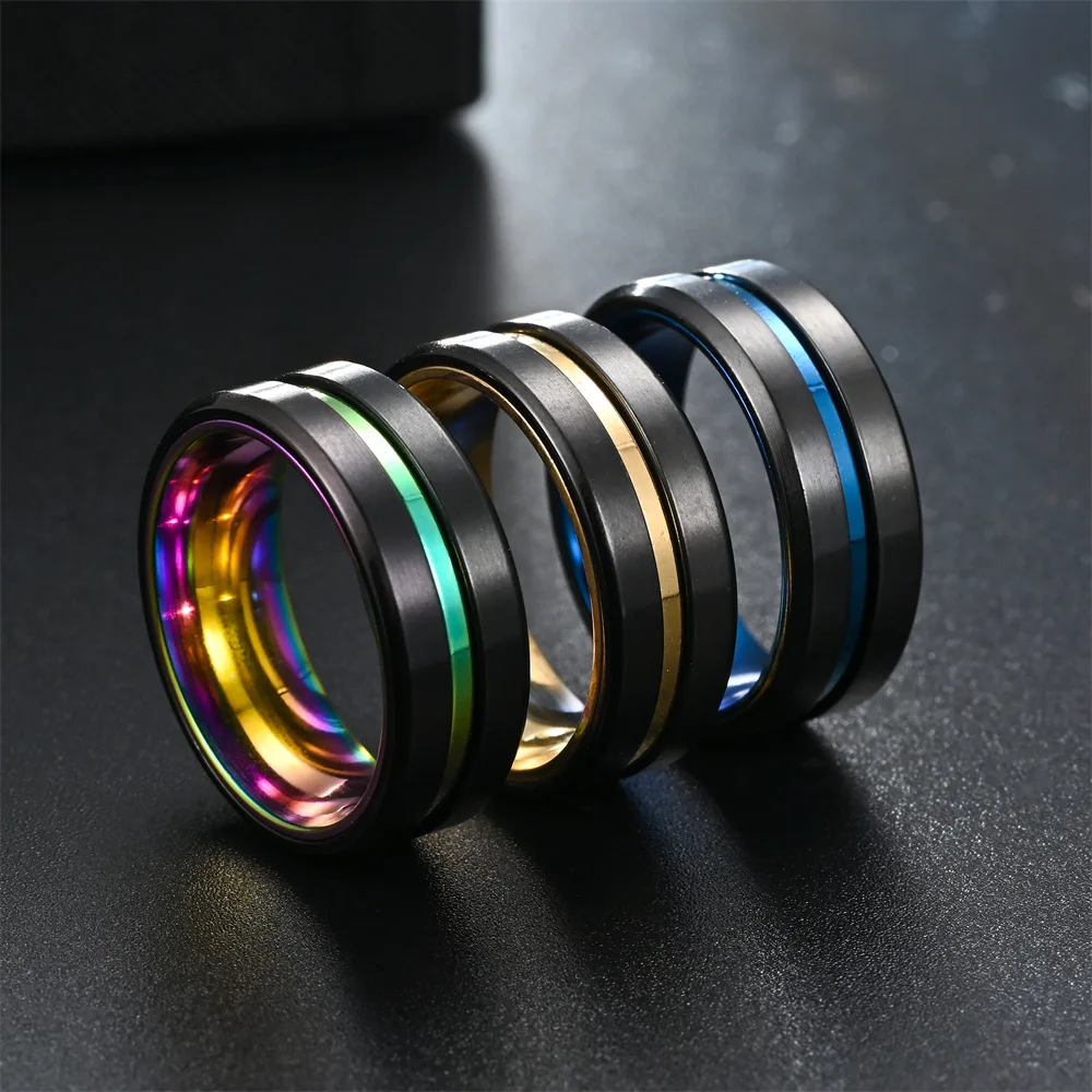 Simple 8 mm Stainless Steel Rings For Men Groove Beveled Edge Ring Engagement Wedding Band Fashion Jewelry Wholesale