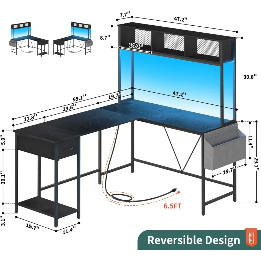 L Shaped Desk Gaming Desk with LED Strip & Power Outlet, Reversible with Storage Shelf & Drawer, Corner Desk with Storage Bag