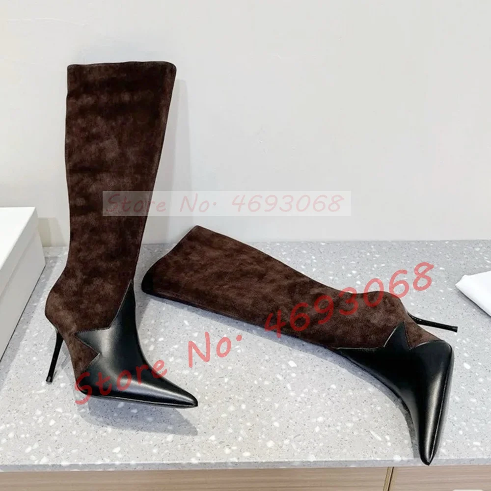 Five-star shaped leather-trimmed Knee High Boots Women Sexy Chocolate Suede Splicing Leather High Heels Mixed Color Pointy Shoes