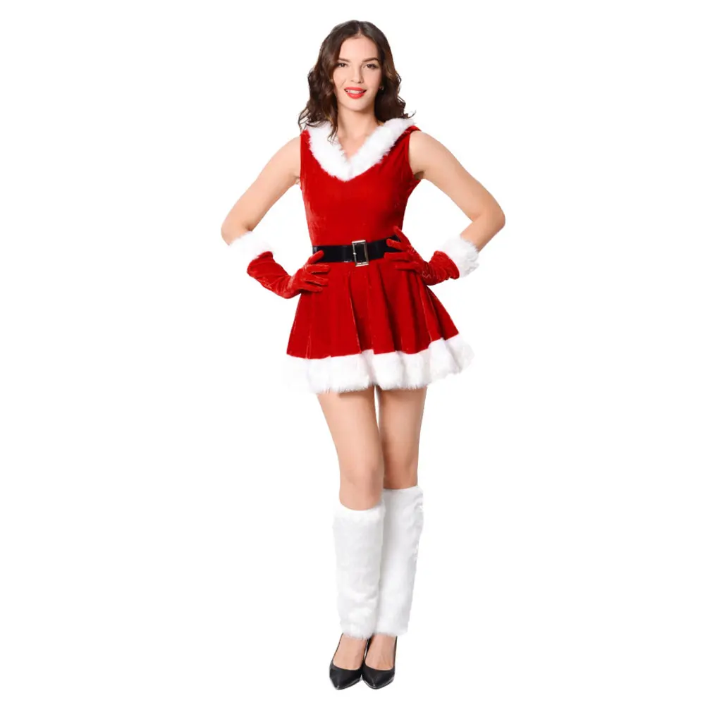 

Women Red Velvet Christmas Hooded Dress Santa Claus Costume Xmas Cosplay Xmas Party Dress Performance Clothing