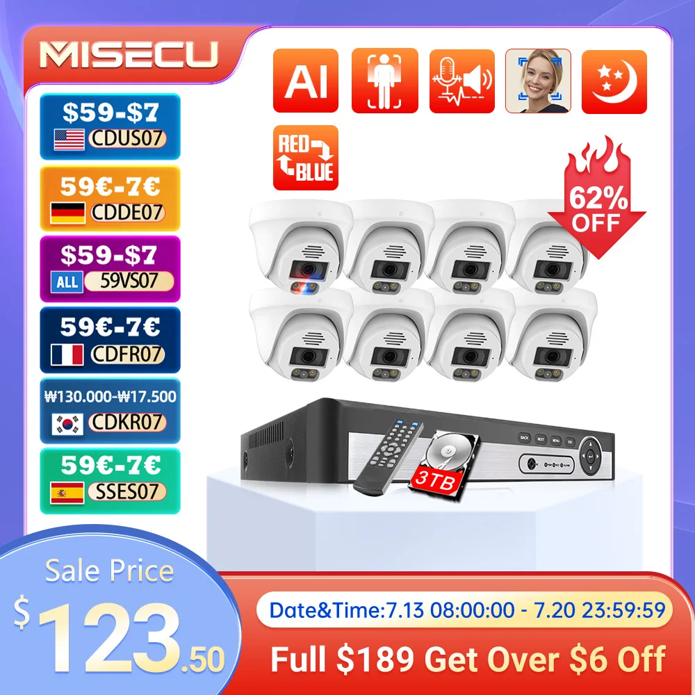 

MISECU Security Camera System 8CH 8MP 5MP Video Surveillance Kit Ai Face Detection Two Way Audio IP Camera Set Poe Xmeye App