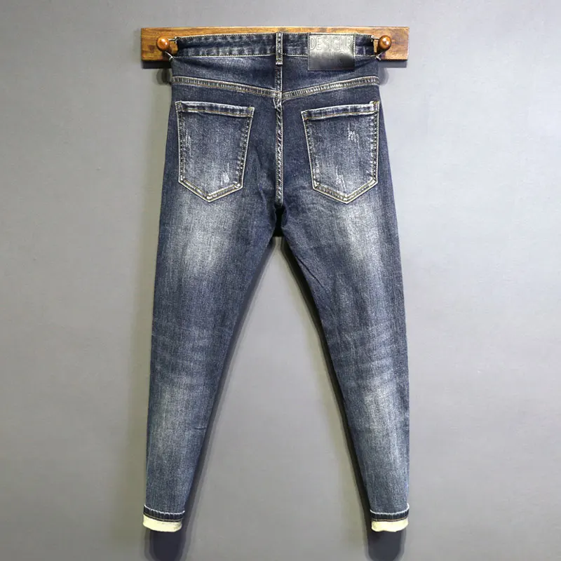 Jean Déchiré Vintage Bleu pour Homme, Pantalon Crayon en Denim, Slim, Décontracté, de Styliste, à la Mode