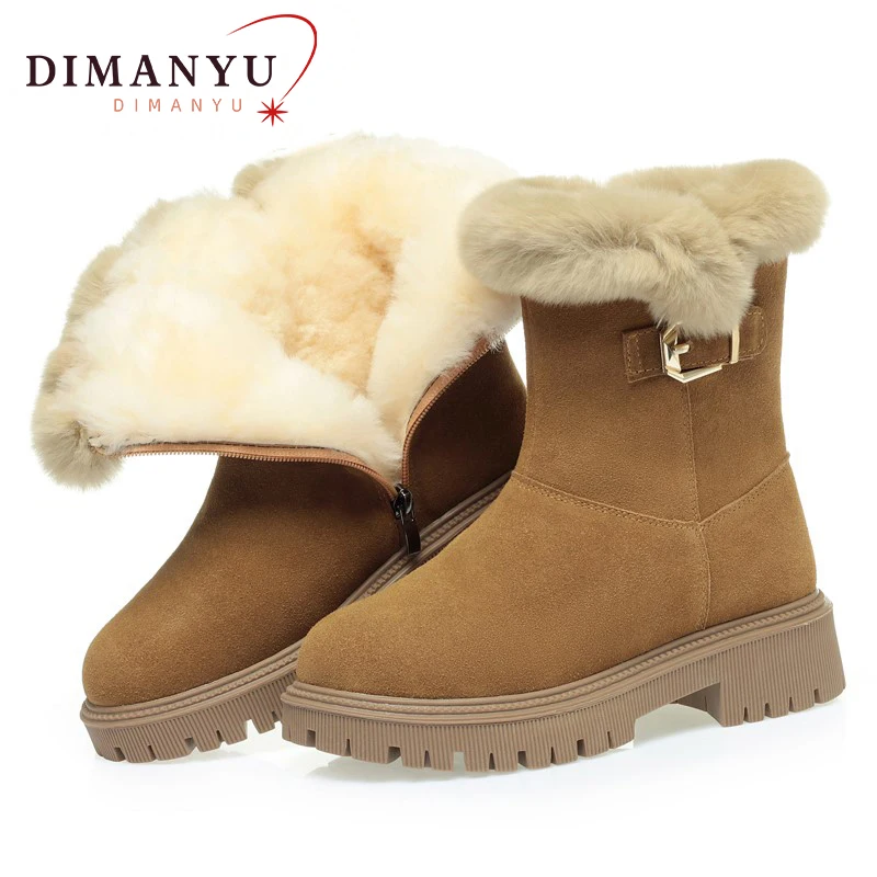 Snow Boots Women's Genuine Leather 2024 Winter New Large Women's Boots Round Toe Natural Wool Women's Motorcycle Boots