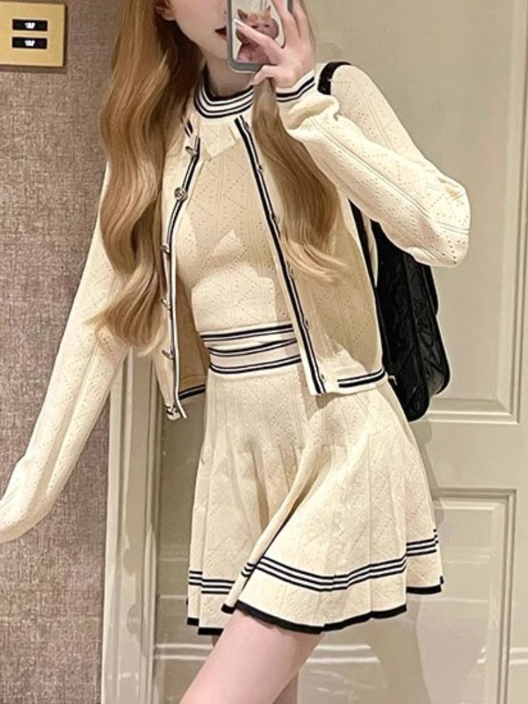 Elegant Fashion 3 Piece Set Women Korean Vintage Party Knitted Skirt Set Female Button Designer Casual Skirt Suit 2023 Autumn