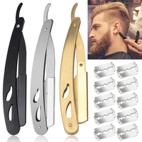 Men Shaving Barber Stainless Steel Shaver Trimming Tools Hair and Blades Folding Shaving Knife Holder with 10pcs Shaving Blades