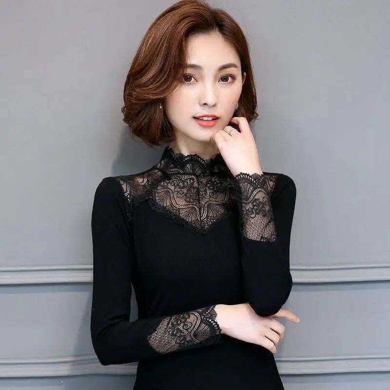 Women Spring Simplicity Slim Fashion Diamonds Lace Half High Collar Long Sleeve T-Shirt Women Clothes Thin Appear Thin Top Tee