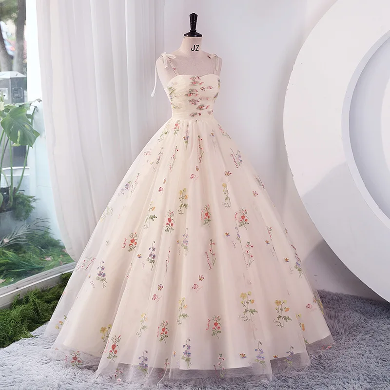 Robe de soirée longue brodée florale pour femmes, bretelles élégantes, maille, fête, hôte formel, robe de princesse, Rh, luxe, été, 2023