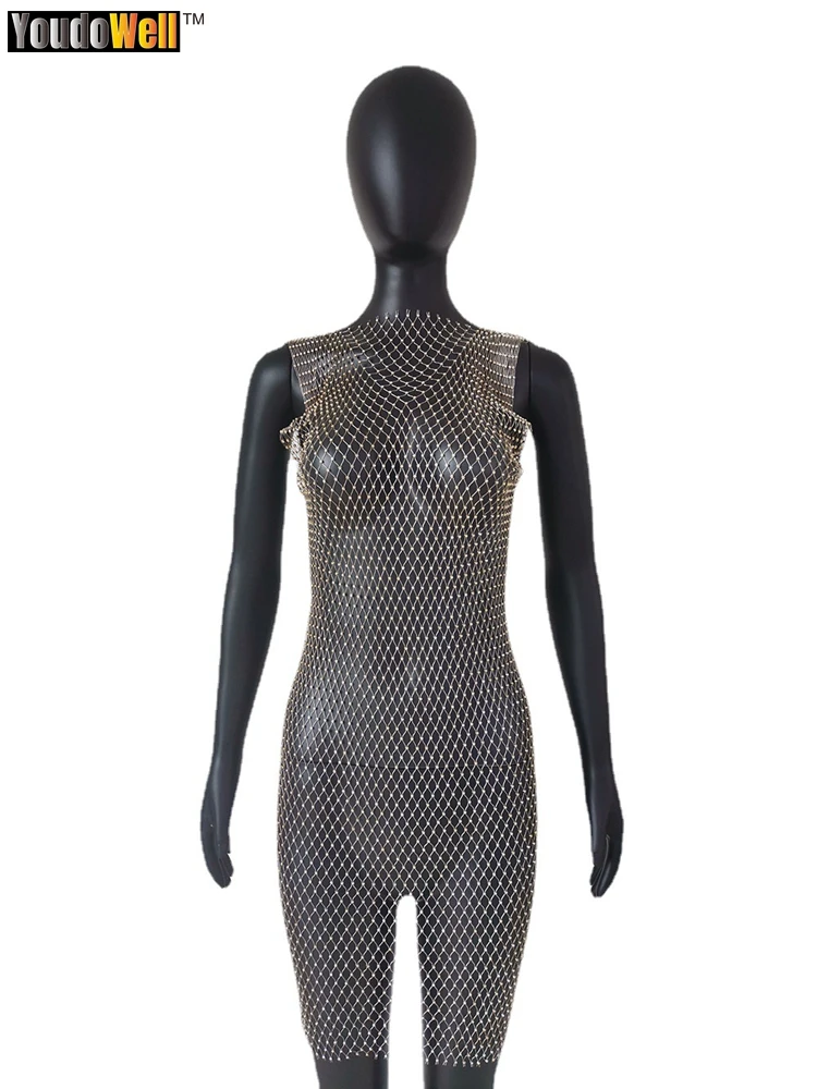 Spice Girls Custom Diamond Fishnet Mesh Cut Elastic Rhinestone Dress Beach Short Sleeve Hollow Out