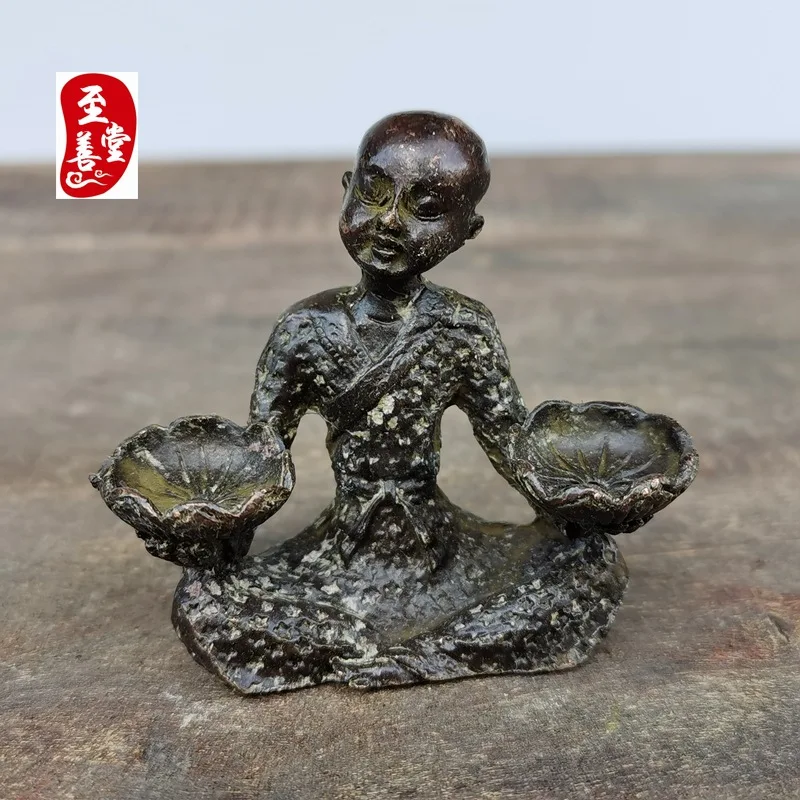 Antique Collectible: Old Patina Alloy Bronze Decorative Ornament for Living Room - Little Novice Monk5.5x2.5x5.5CM