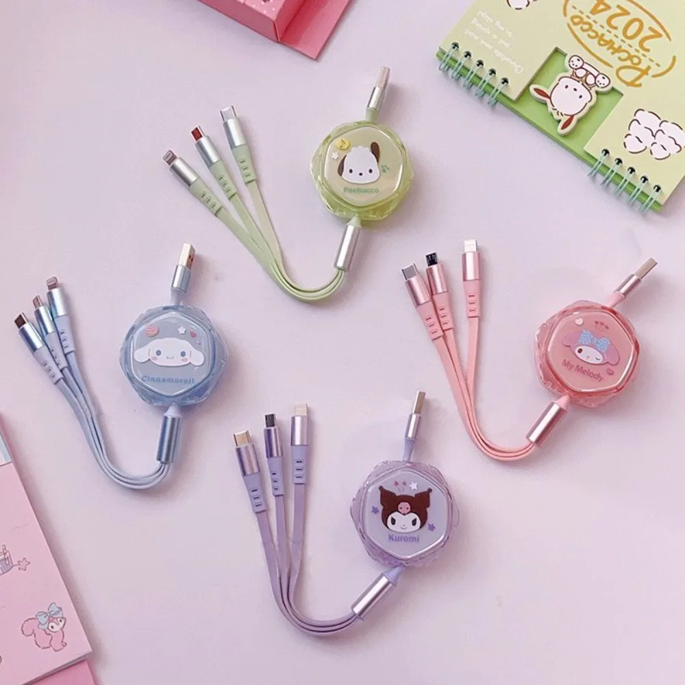 Cute cartoon KT cat Melody extendable three-in-one fast charging data cable suitable for Apple/Android/Huawei Type-C