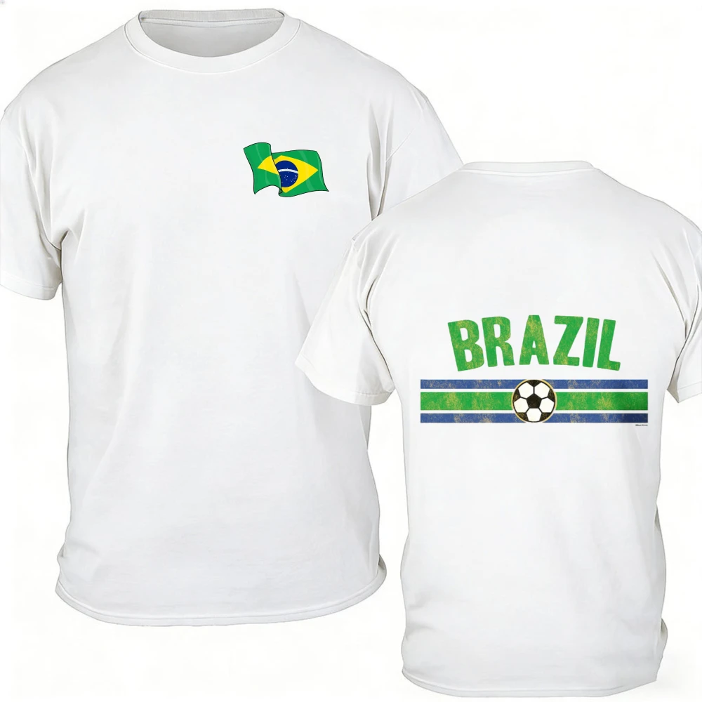 Men's 100% Cotton Brazil 2026 Soccer T-Shirt, Brasil Flag Football Player Print Short Sleeve Casual Sports Fan Tee for women Men